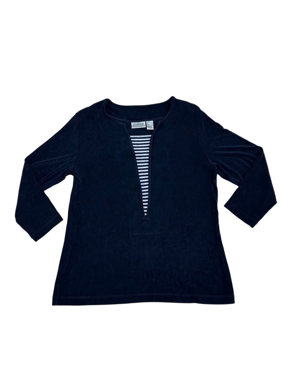 Chicos Travelers Navy Blue Striped‎ Inset 3/4 Sleeve Top Size 2 Medium Nautical
